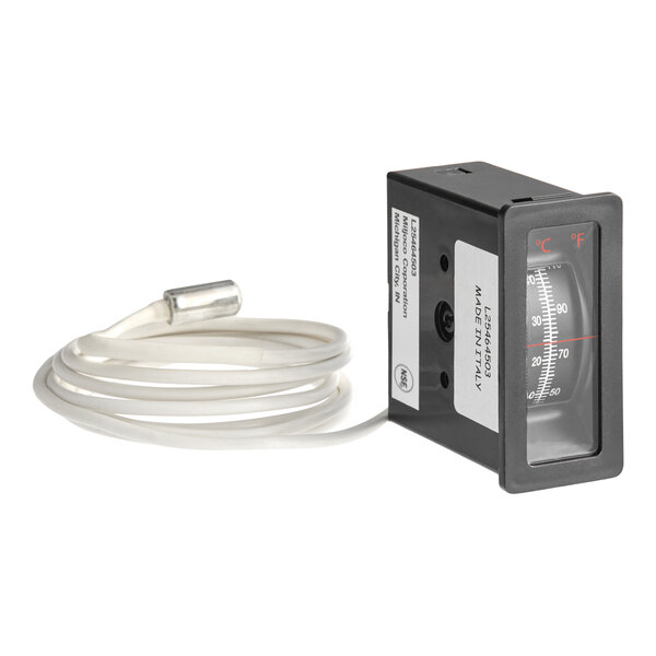 A vertical drum display temperature gauge with a probe and attached cable.