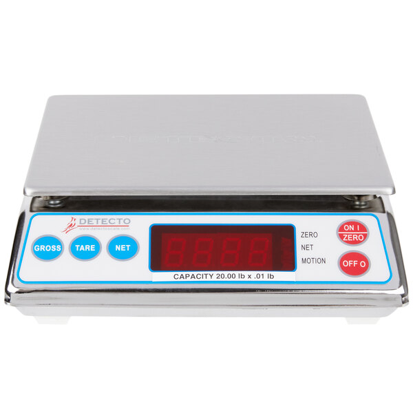 A Cardinal Detecto digital portion scale with blue buttons and a silver background.