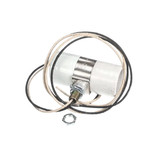 A white tube with a metal clip on each end and black and white wires.