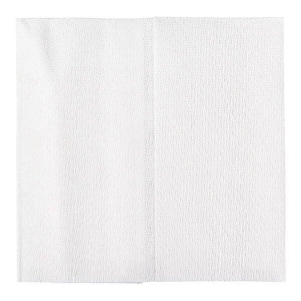 A white, textured, square cloth with a visible fold down the center.