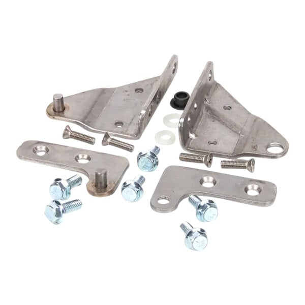 A Glastender metal hinge set and brackets with screws.