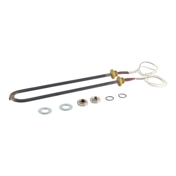 A pair of metal heating elements with attached wires and mounting hardware.