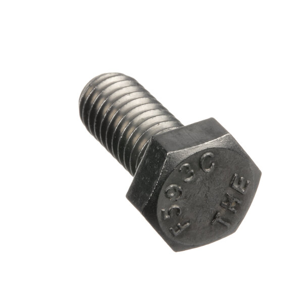 A close-up of a black hex head Hobart cap screw.