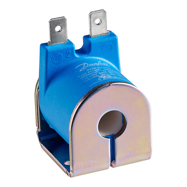 A blue and silver Danfoss coil with two electrical contacts.