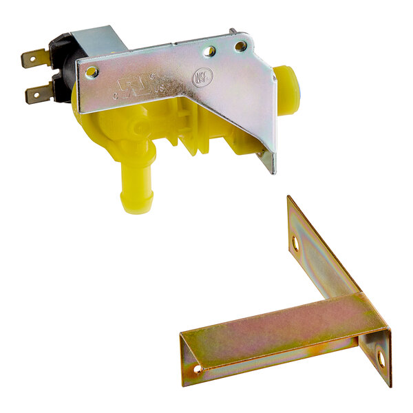 A yellow plastic and silver metal Manitowoc Ice water valve with a metal bracket.