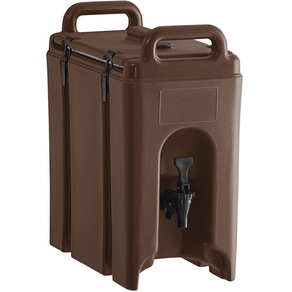 A dark brown plastic container with a black handle.