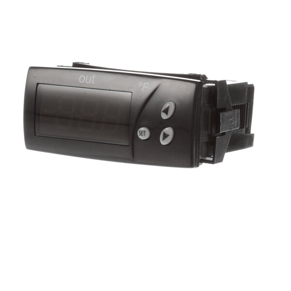 A close-up of a black digital thermostat with a white background.