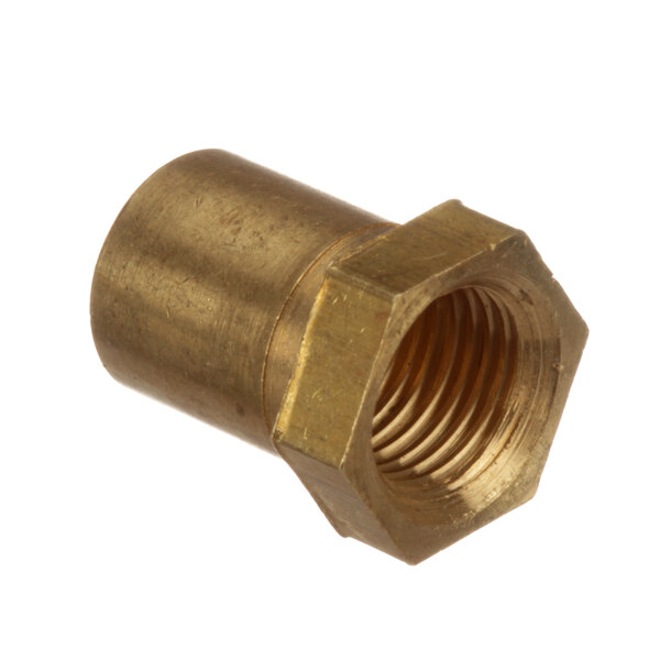 A close-up of a brass threaded nut.