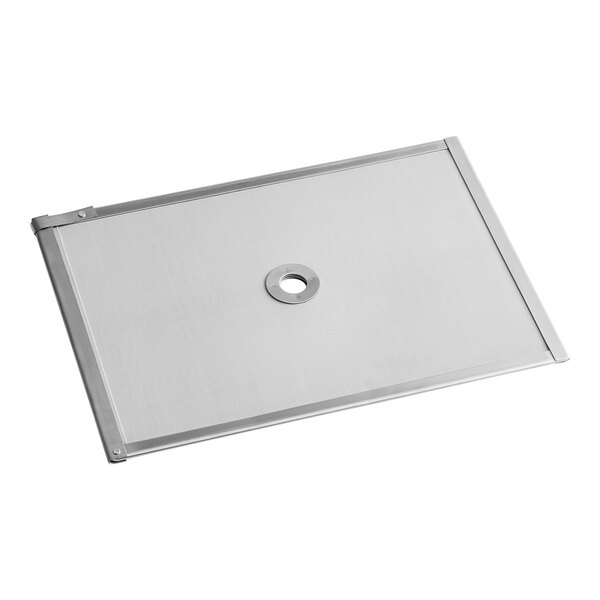 A stainless steel rectangular filter screen with a hole in the middle.