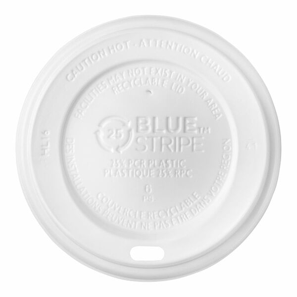 A white plastic lid with a white circular sign and text reading "Eco-Products" and "Recycled Content" with arrows pointing to a number.
