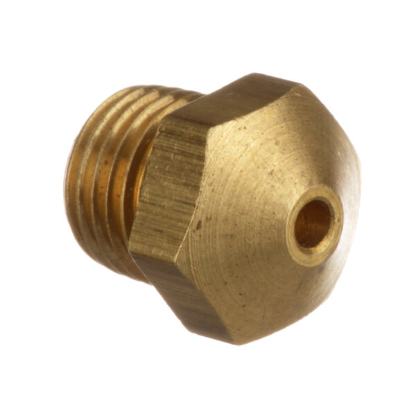 A close-up of a brass threaded nut.