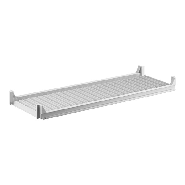 A white rectangular Cambro Camshelving® Premium vented shelf with metal bars.