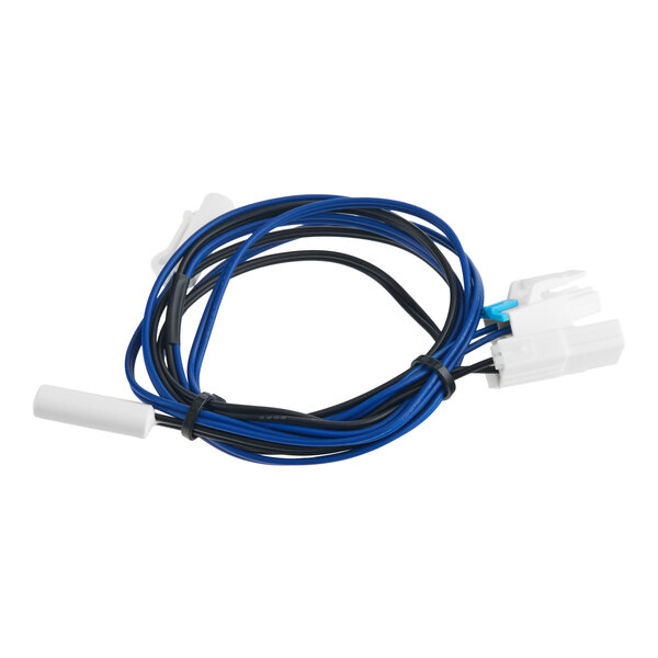 A Turbo Air Refrigeration 30227Q1210 defrost sensor with blue and black wires and white connectors.