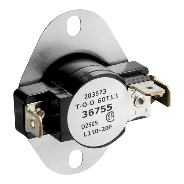 A Blodgett 36755 thermal switch with metal mounting plate and electrical terminals.