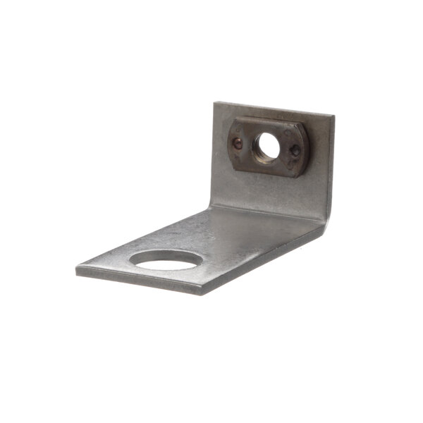 A metal bracket with a hole in the middle.