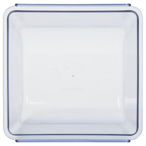 A clear plastic container with a blue lid.