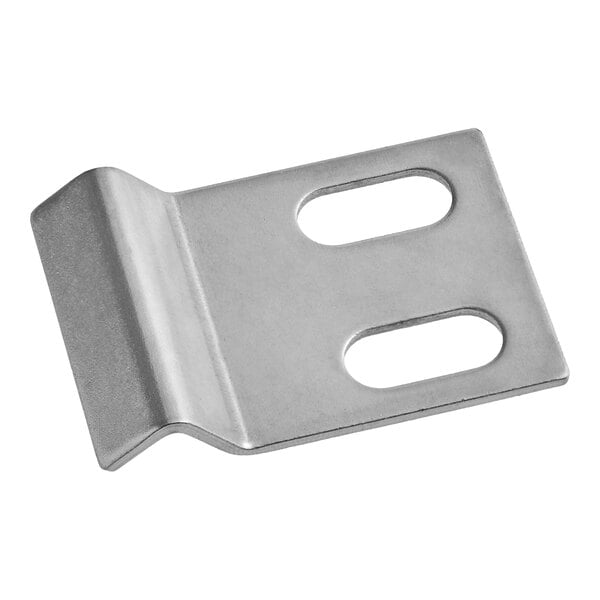 A stainless steel metal bracket with holes for a Vulcan convection oven door strike.