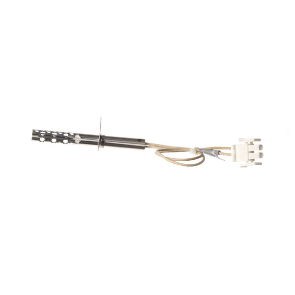 A white and black electrical cord with a wire attached to a metal ignitor.