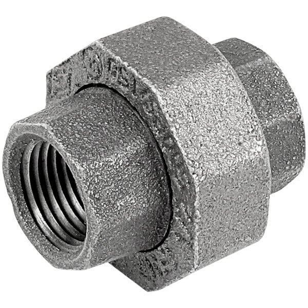 A close-up of a Cleveland steel threaded pipe fitting with a nut on one end.