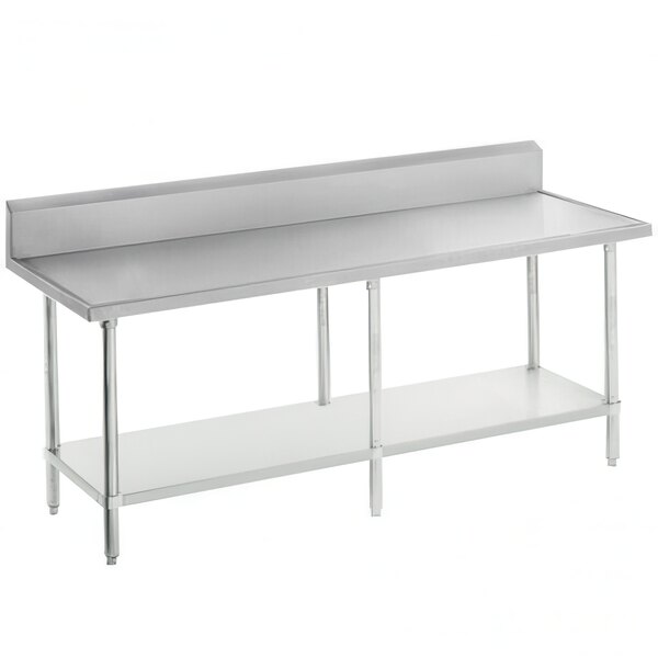 A white stainless steel Advance Tabco work table with backsplash on a white background.