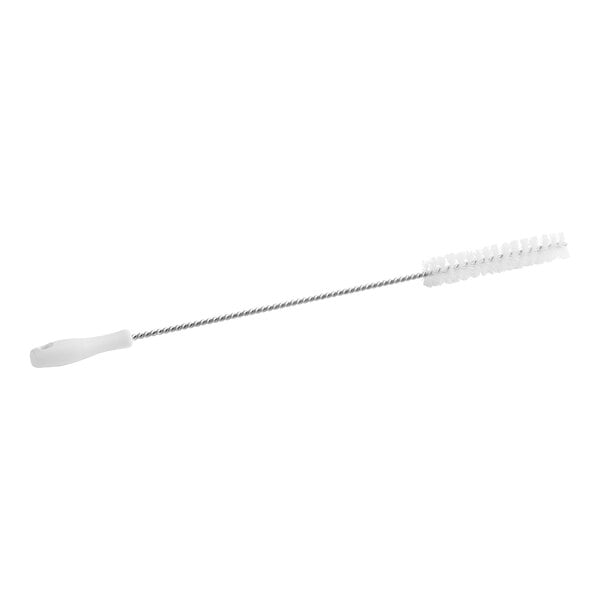 A white brush with a long white handle.