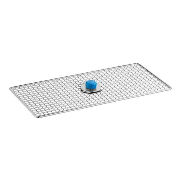 A rectangular metal filter support grid with a blue knob in the center.