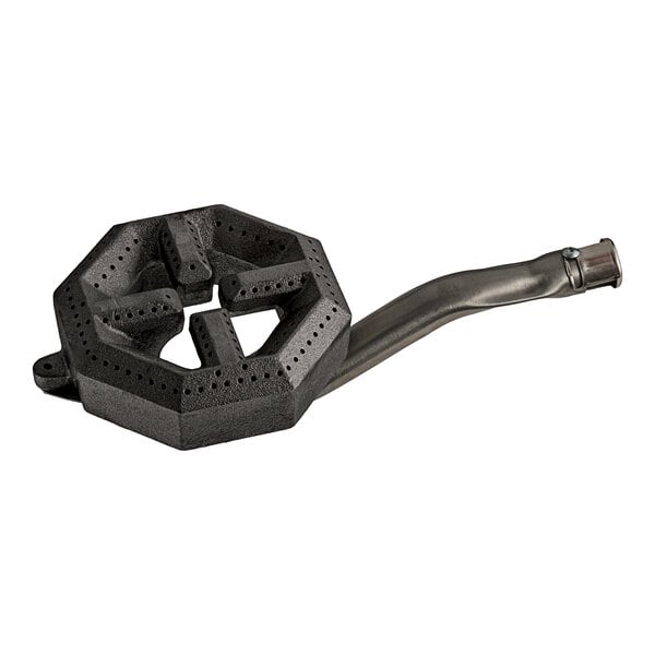 A black metal US Range front burner with holes.