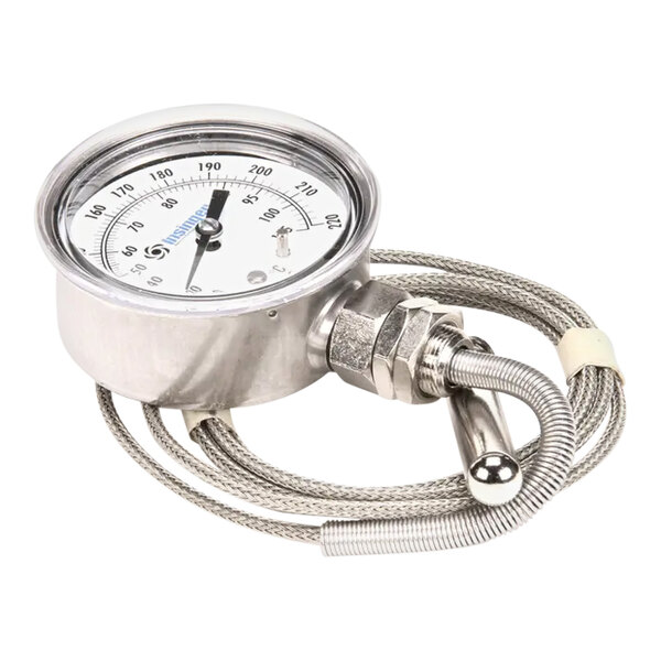 A commercial 2-1/2 inch dial thermometer with a metal probe and flexible braided cable.