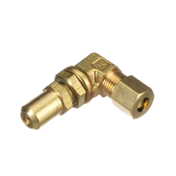 A brass threaded pipe fitting with a gold nut.