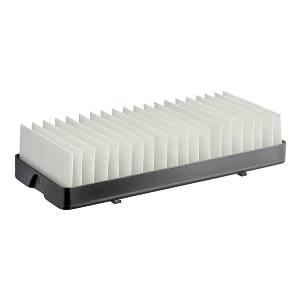 A black rectangular Beverage-Air condensate pan with white rectangular strips.