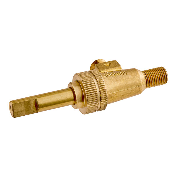 A Vulcan brass gas valve with a gold colored connector and handle.