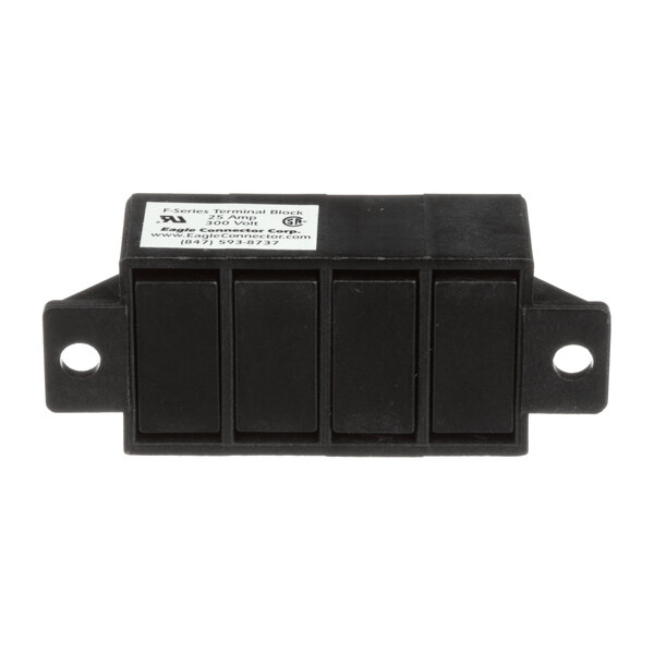 A black rectangular Crimsco terminal block with a white label.