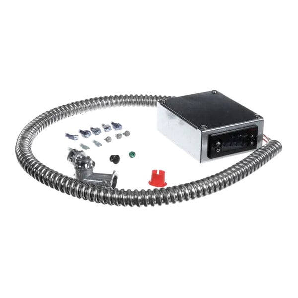 A metal electrical control box kit with a flexible conduit, connectors, and assorted installation hardware.