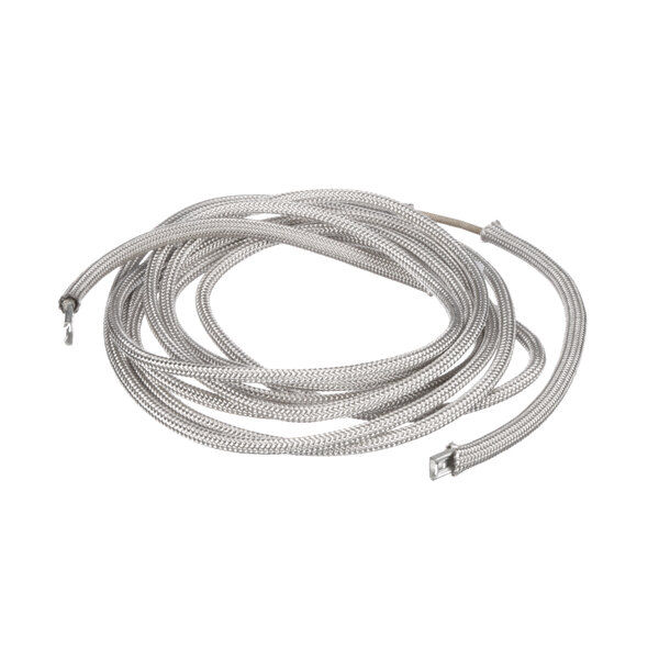 A close-up of a coiled silver wire with a white cable.