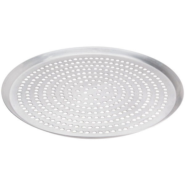 An American Metalcraft heavy weight aluminum pizza pan with perforations.