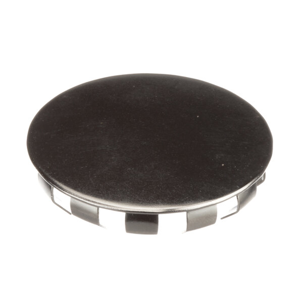 A black circular trunnion cap with white stripes on a white background.