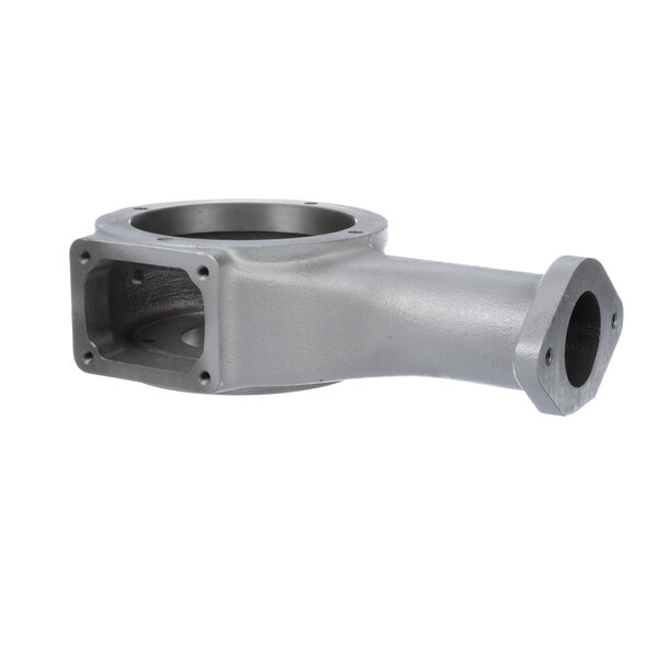 A silver metal Stero pump housing with a hole.