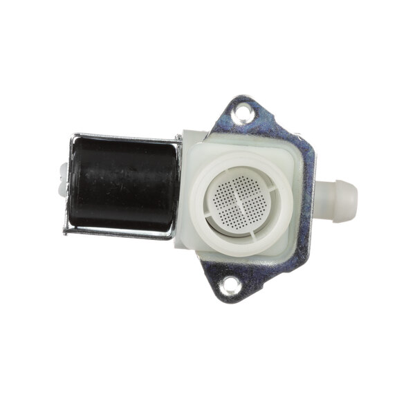 A close-up of a Grindmaster-Cecilware water inlet valve with a white plastic body and black cap.