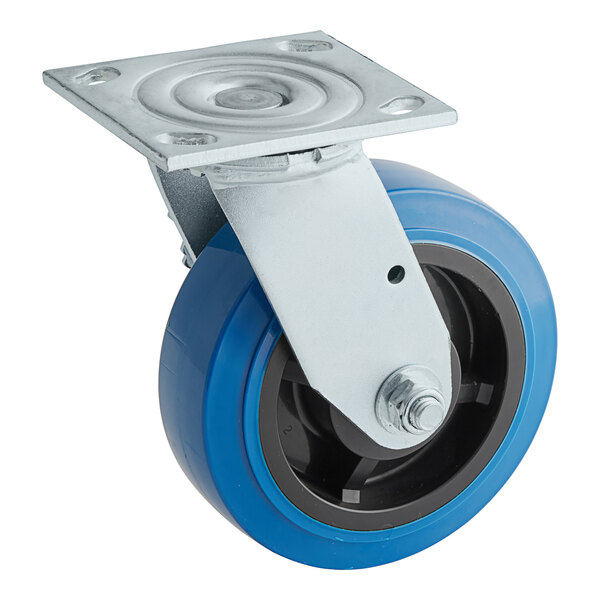 A blue and silver Alto-Shaam caster with a black wheel.