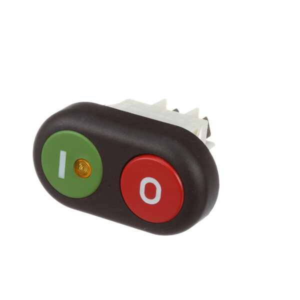 A close-up of a Globe push button power switch with black and red buttons and a green number.