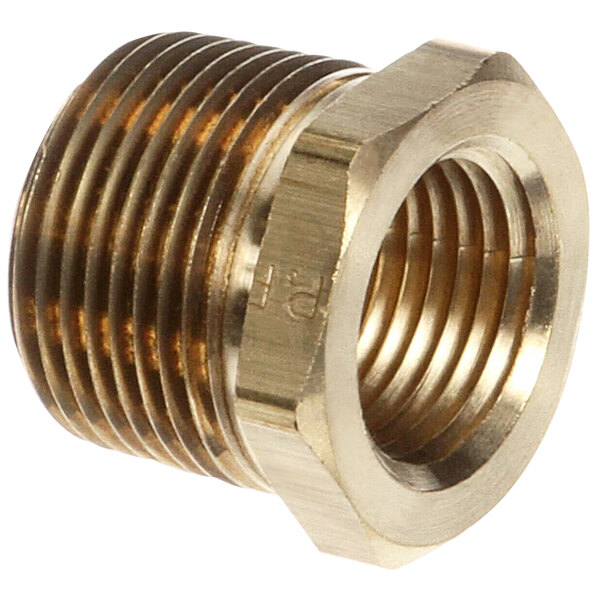 A close-up of a brass threaded nut.