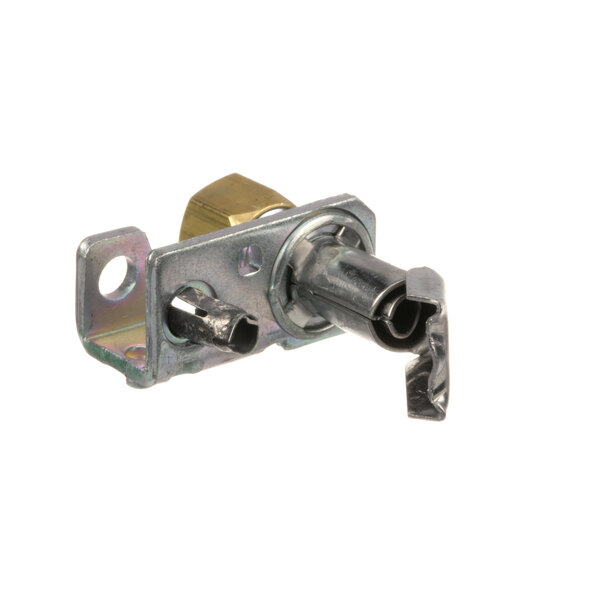 A metal Garland natural gas pilot burner with gold and black screws.