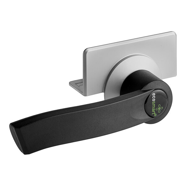 A close-up of a black and white Alto-Shaam combi oven door handle with a green button.