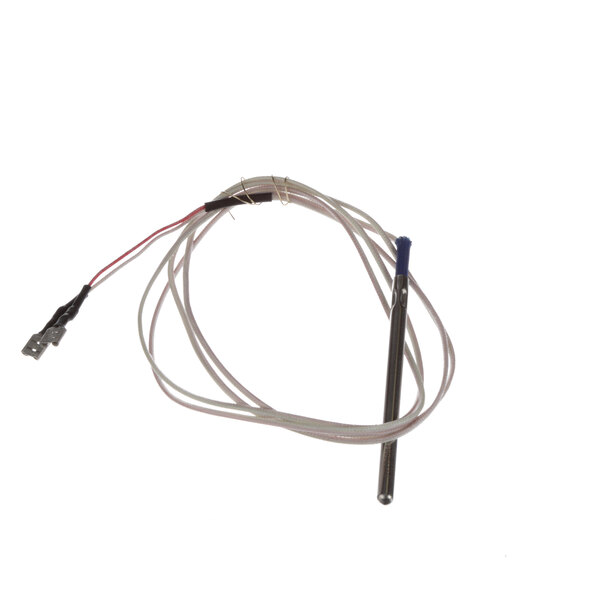 A white wire with a red wire attached to the end of a metal rod.