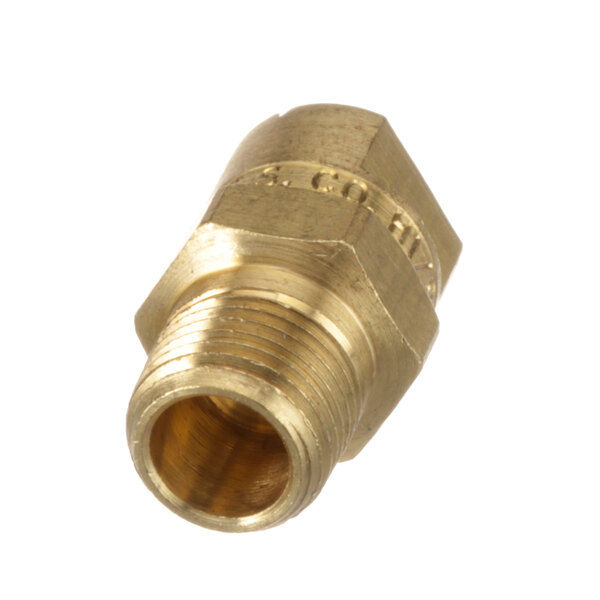 A close-up of a brass threaded male fitting.