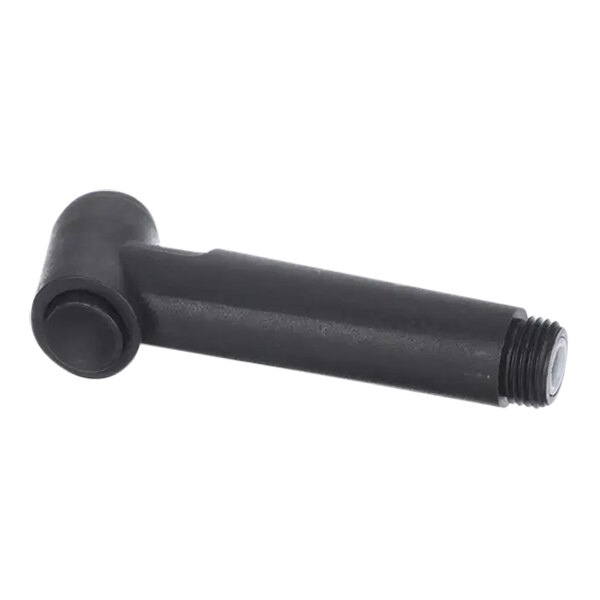 A black plastic cylinder with a black pipe and nut.