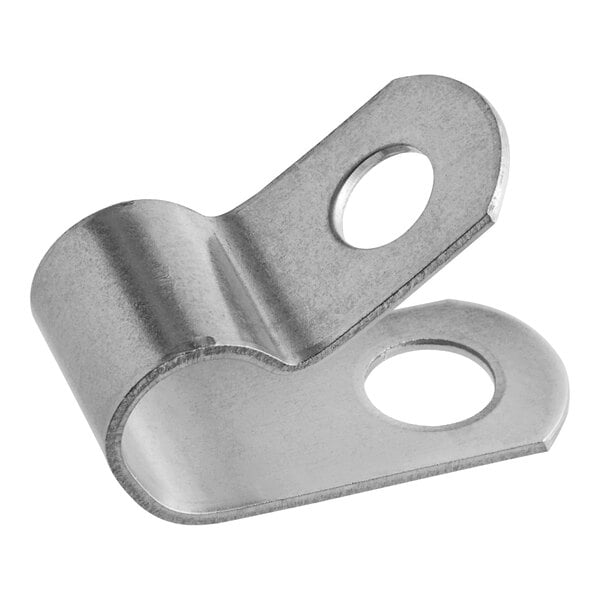 A Vollrath loop clamp, a metal piece with two holes in it.