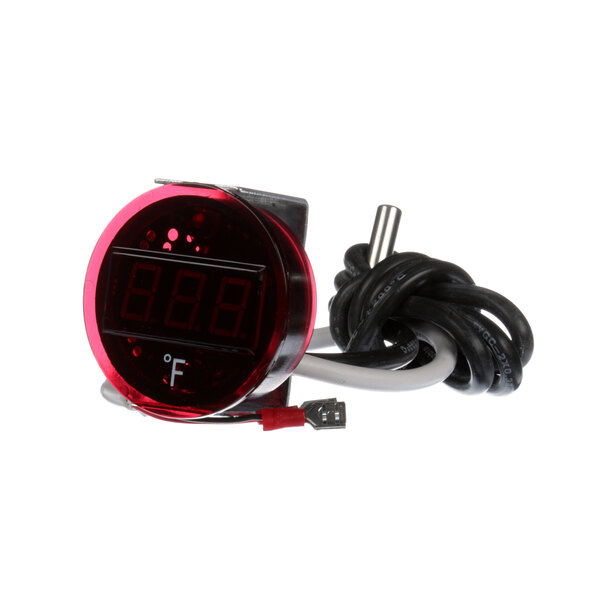 A red digital thermometer with black wires.