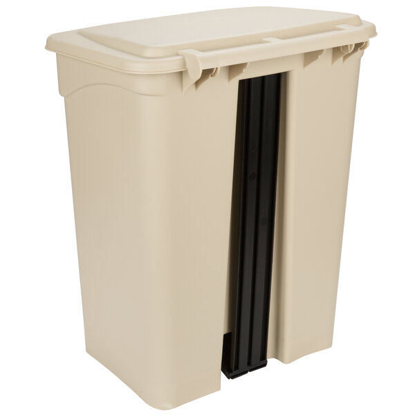 A beige Continental rectangular step-on trash can with black handles.