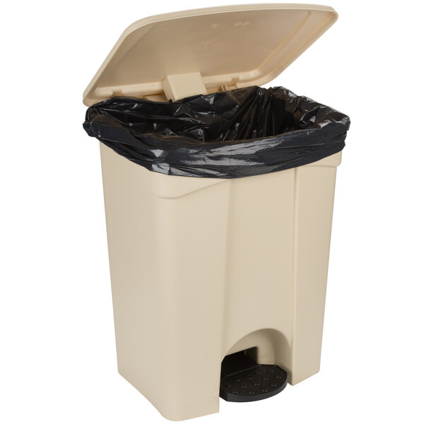 A tan Continental rectangular step on trash can with a black lid